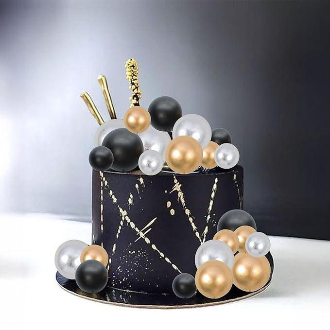 Gyufise 30Pcs Ball Cake Toppers Ball Cake Picks Ball Shaped Cupcake Insert Cake Topper for Bear Theme Birthday Party Favors Wedding Decoration Supplies Black Gold Silver