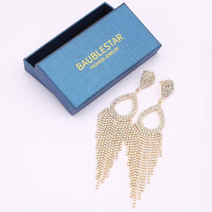 Rhinestone Teardrop with Long Tassel Earrings Sparkly Dangle Earrings for Women