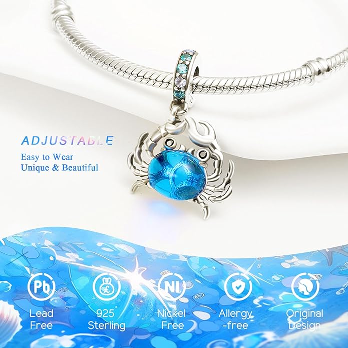 925 Sterling Silver Charms Bead for Bracelets Necklaces, Star Moon Crescent Sun Solar Pendent, Blue Ocean Starfish Shells Turtle Crab Starry Sea Cute Jewelry Birthday Gifts for Women Men