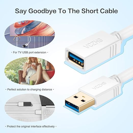 VCZHS Tech USB Extension Cable White 15ft, USB 3.0 Extender for High-Speed Data Transfer & Fast Charging, Durable & Flexible for Mouse, Keyboard, Printer, Flash Drive, Webcam, and More