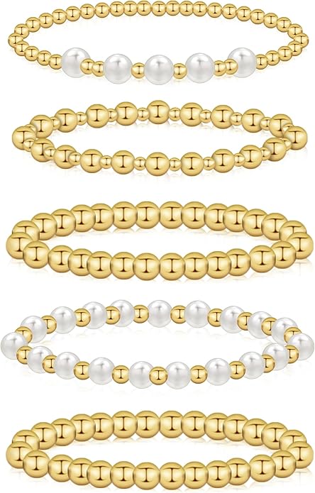 wgoud Gold Bracelets for Women - Trendy 14K Real Gold Plated Beaded Bracelet Set with Stretch Beads, Waterproof, Adjustable, Perfect Gifts