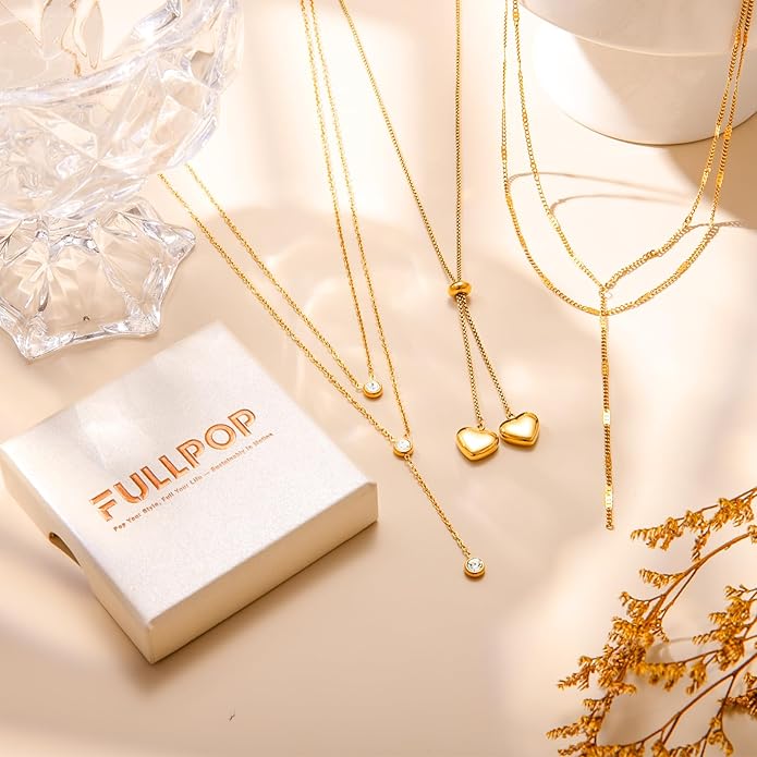 Fullpop Dainty Gold Necklaces for Women, 18k Gold Layered Lariat Necklace for Women Long Gold Choker Necklaces for Women Statement Diamond Heart Pendant Necklace Body Chain Jewelry for Women