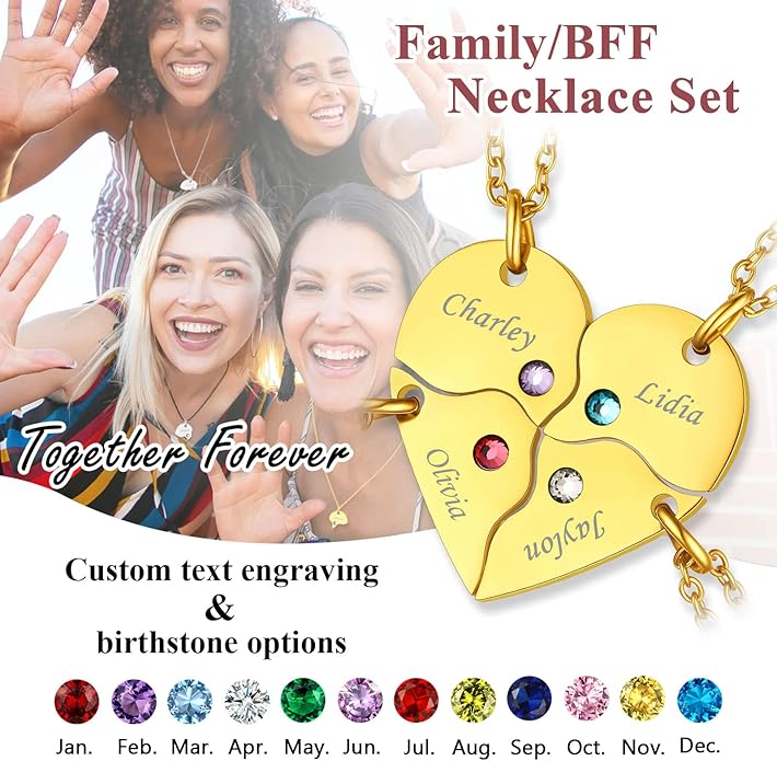FindChic Personalized Matching BFF Necklace for 2/3/4/5/6 Puzzle Name Heart Pendant Stainless Steel Couple Necklace Set Customized Necklaces for Teen Girls
