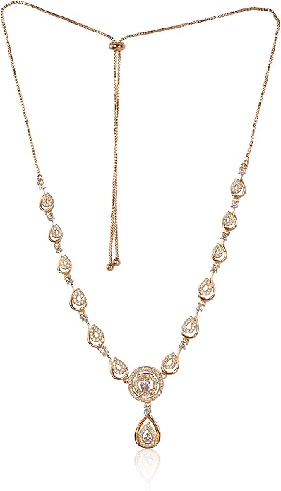 Nilu's Collection American Diamond Stone Studded | Rose Gold/Silver Plated | Anti Tarnish Jewellery Set for Women | Matching Earrings Perfect for Weddings and Special Occasions