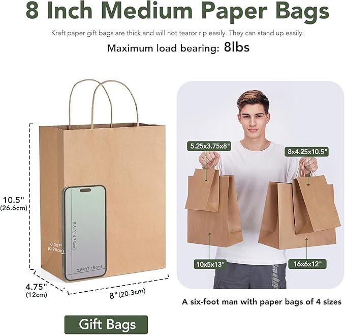 GSSUSA 600 Pack 8x4.25x10'' Paper Bags with Handles Bulk, Brown Paper Gift Bags for Small Business