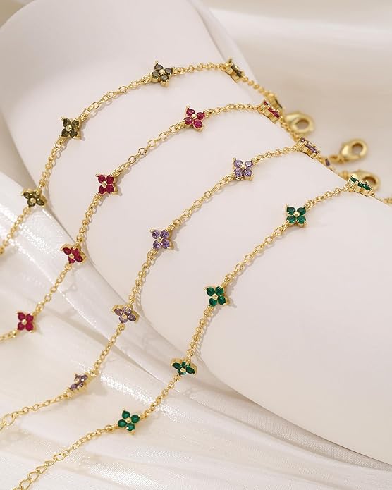 JSJOY Birthstone Bracelets for Women, 14K Gold Bracelets for Women Mom Gifts Birthday Valentines Day Gifts for Gf Dainty Flower Gift for Her Birthstone Bracelet Mothers Day Gift