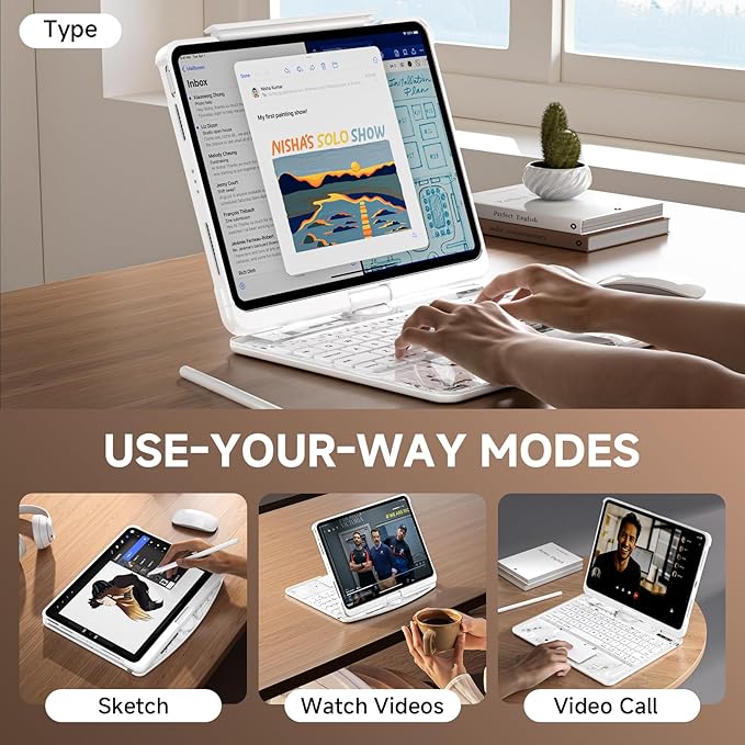 Transparent Case with Keyboard for 2024 iPad Pro 11-inch (M4),with 7-Color Backlit Wireless Keyboard, 360°Rotatable Protective Case Multi-Touch Trackpad,with Pencil Holder,with Shortcuts,White