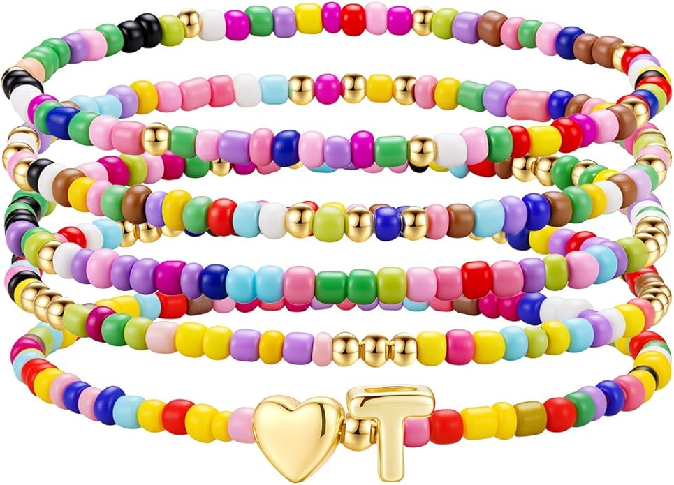 M MOOHAM Valentines Gifts for Kids - 5PCS Colorful Beaded Initial Bracelets for Girls Women Cute Stretch Heart Letter Bracelet Initial Stackable Bracelet Birthday Gift Jewelry for Kids Teen Girl