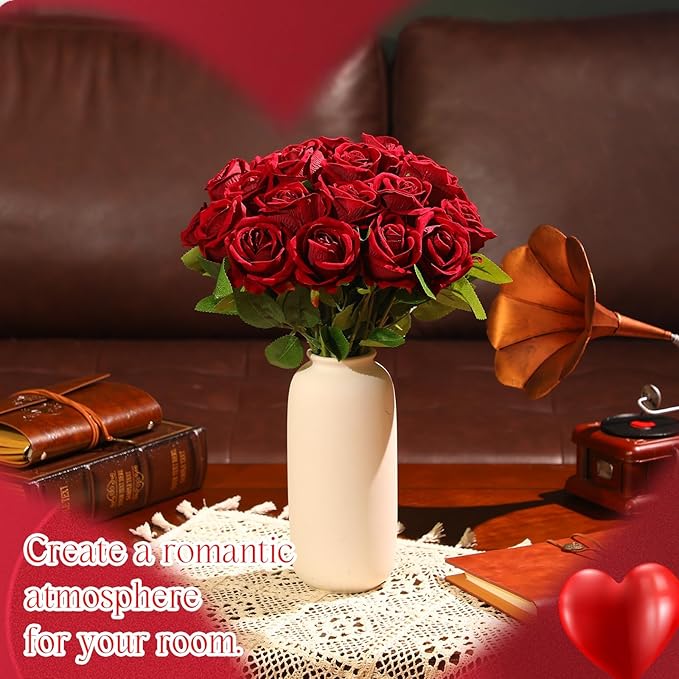 Hotop 80 Pcs Rose Artificial Flowers Bulk with Long Stem, Silk Roses Realistic Fake Flowers Bouquet for Wedding Table Centerpieces Bridal Shower Party Home Decorations(Burgundy)