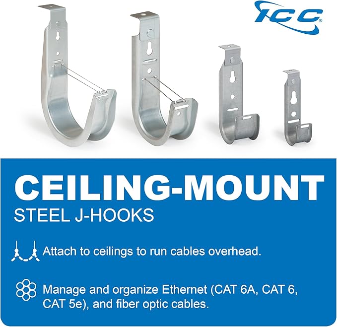 ICC Ceiling Mount J Hook 4” with Retainer Clip - Galvanized Steel Cable Management Hooks for Hanging Cable - Rust-Resistant, EIA and TIA Compliant - 4 Inch 25 Pack