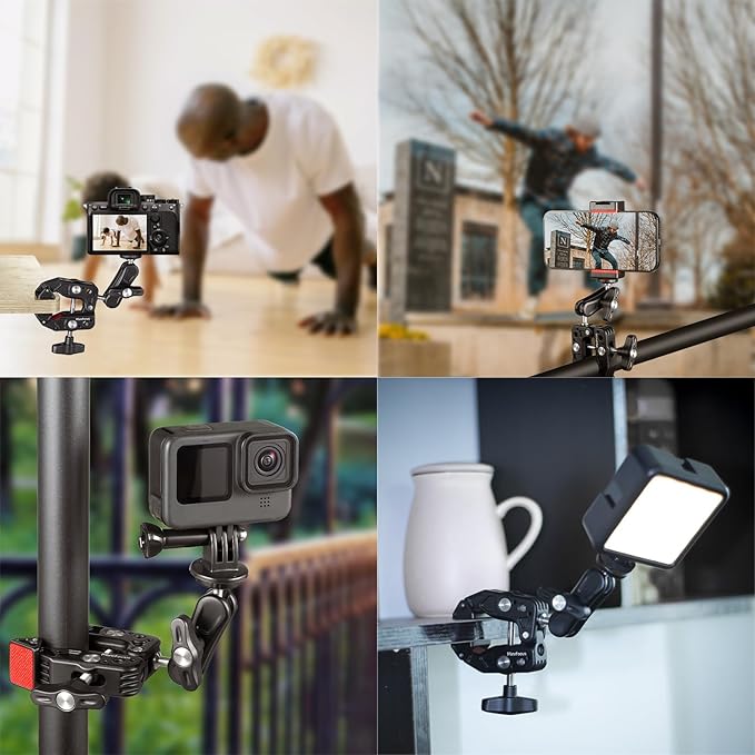 MINIFOCUS Super Clamp Camera Clamp Mount, 360° Ballhead Magic Arm with 1/4" 3/8" Port Extension Holder Adapter, Double Ball Head Adapter for Canon Nikon DSLR GoPro Action Camera Video Light