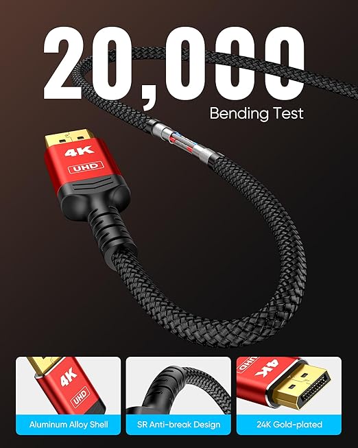 Highwings 4K DisplayPort to HDMI, 6.6ft DP to HDMI 1.4 Uni-Directional Cable, 4K@30Hz, 2K@60Hz, 1080P Full HD, Nylon Braided Cord for Dell, NVIDIA, AMD, HP, Monitor, Projector, Desktop (Red)