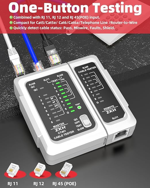 ZKH RJ45 Network Cable Tester, LAN & TEL Continuity Tester, Ethernet Cable Tester for RJ45, RJ11, RJ12, CAT5, CAT6, POE Test UTP/STP Shielded Ethernet Wires Test Tool