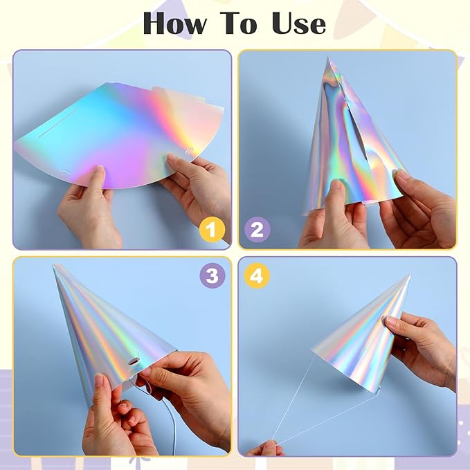 100PCS Iridescent Party Hats, Laser Themed Birthday Party Hat Partys Cone Hat with Elastic String Bulk Partys Hats for Kids and Adults, Colorful Birthday Hatss