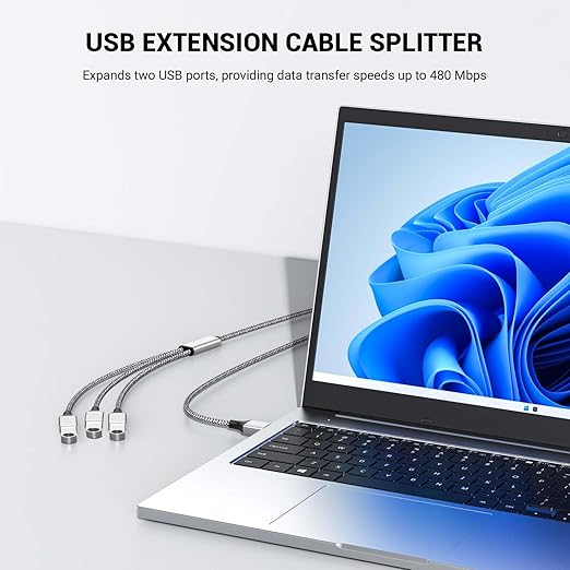 3.3FT USB A Male to 3 Female Extension Cable, USB Splitter 1 in 3 Out Support Charging and Data Transfer for Printer/Keyboard/Flash Drive/PlayStation/Laptop/LED Etc(Silver)