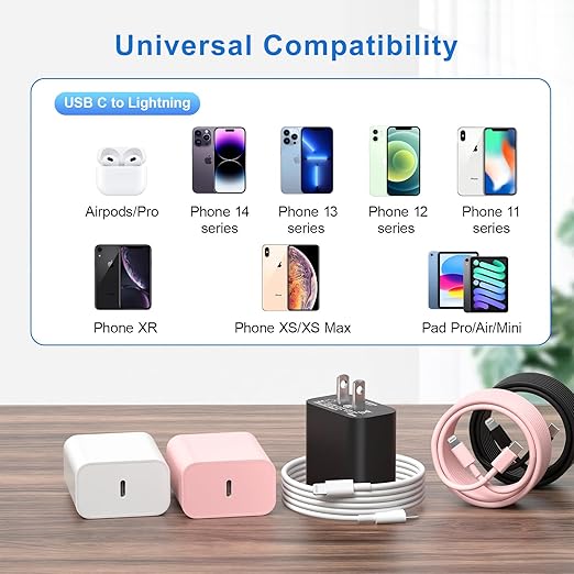 Compatible with iPhone 14 13 12 Charger, 20W Fast Charging Wall Charger,10 FT USB ightning Cable,Phone Charger Cord for Phone 14/13/12/12 Pro Max/11/Xs Max/XR/X,AirPods Pro and More(White/Pink/Black)