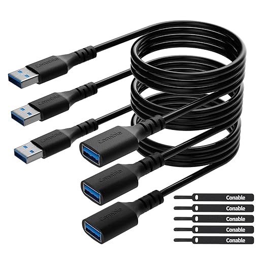 3 Pack USB 3.0 Extension Cable 2 FT, Short USB A Male to Female Extender Cord, 5Gbps Data Transfer for Webcam, Printer, Keyboard, Flash Drive, Hard Drive, Controller, Black Cable with 5 Cable Ties