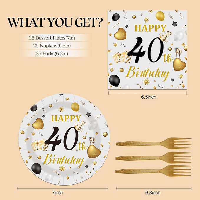 75PCS 40th Happy Birthday Plates and Napkins Party Decorations, 7 Inch Premium Grey and Gold Birthday Paper Dessert Cake Plates and Napkins Disposable Tableware Set Party Supplies for Women Men