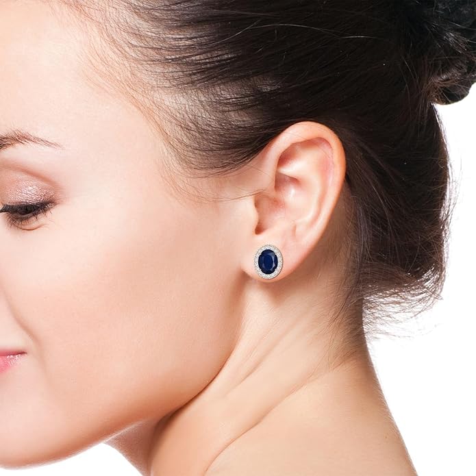 ANGARA Natural Blue Sapphire Earrings for Women | Prong-Set Oval Blue Sapphire Stud Earrings with Diamond Halo in 14K Solid Gold/Platinum | September Birthday, Anniversary, Gemstone Jewellery Gift