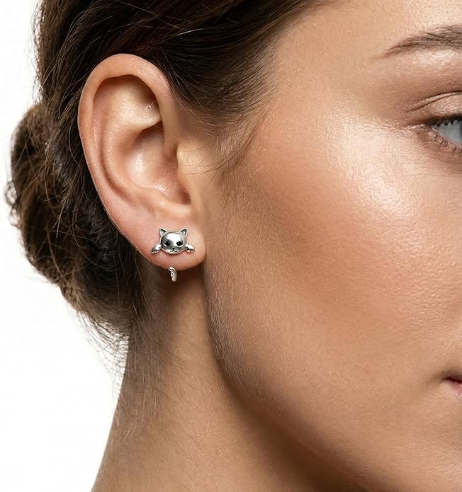 S925 Sterling Silver Stud Earrings for Women, Animal Cat & Dog Studs and Minimal Teardrop Ear Climber, Hypoallergenic Earrings for Sensitive Ears, Gift Box Included