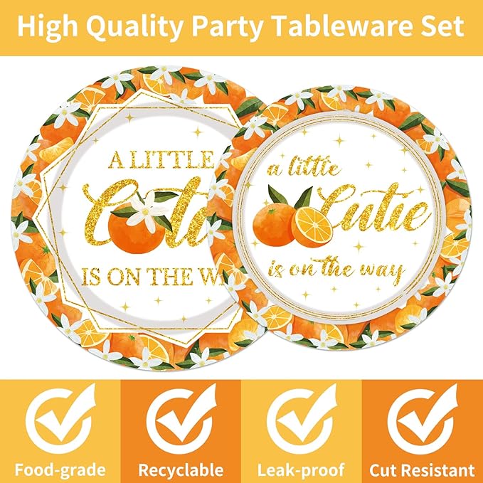 Little Cutie Baby Shower Decorations - 96PCS A Little Cutie Is on the Way Plates and Napkins Party Supplies Orange Tangerine Citrus Baby Shower Disposable Paper Tableware Set Serves 24 Guests