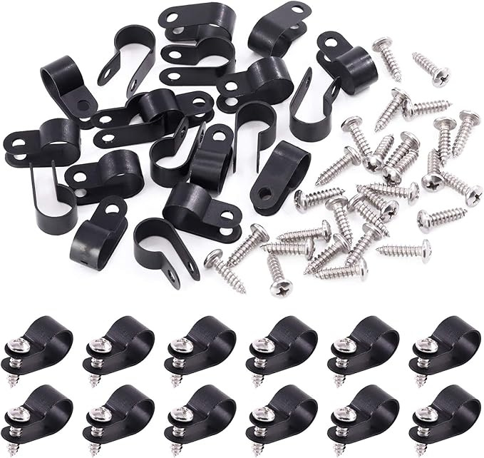 Swpeet 120 Pack Black 1/2 Inch Nylon Plastic R-Type Cable Clips Clamp Kit, Nylon Screw Mounting Cord Fastener Clips with 120 Pack Screws for Wire Management (1/2 Inch, Black)