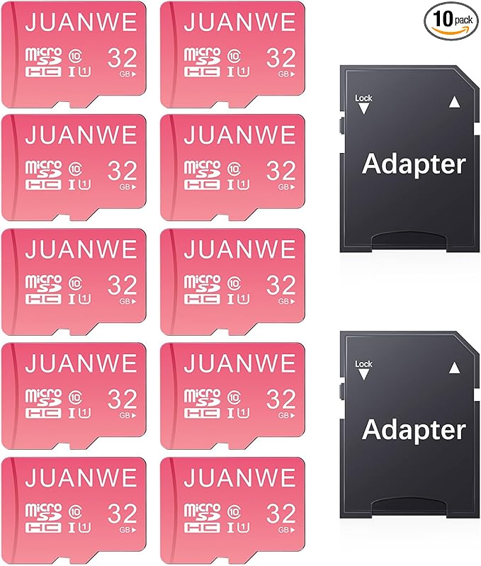 JUANWE 32GB Micro SD Cards 10 Pack Memory Card, SDHC High-Speed U1 A1 SD Card, 32GB TF Cards with 2 Adapter for Phone, Dash Cam, Security Camera (10 Pack, Pink)