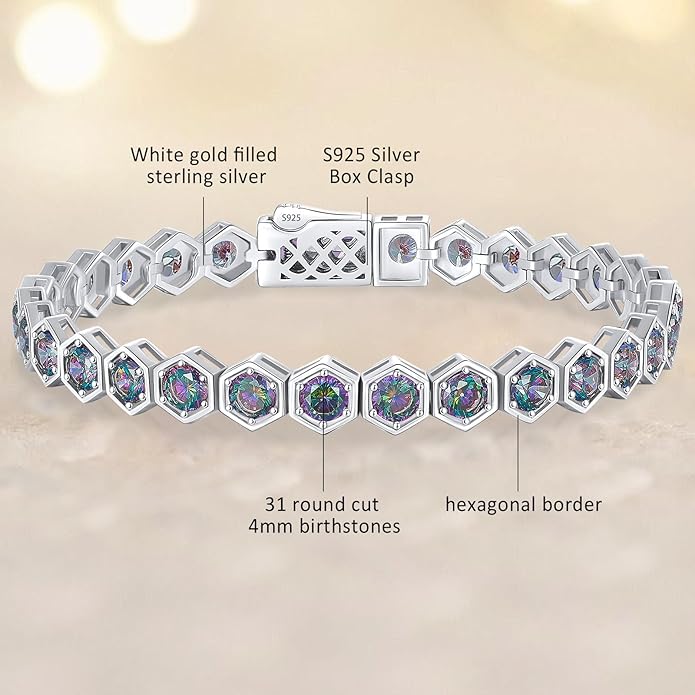 Birthstone Tennis Bracelets for Women Birthday Gifts 925 Sterling Silver Hexagon White Gold Bracelets Round Cut 5A Cubic Zirconia Prong Setting 7 Inch Anniversary Jewelry Gift