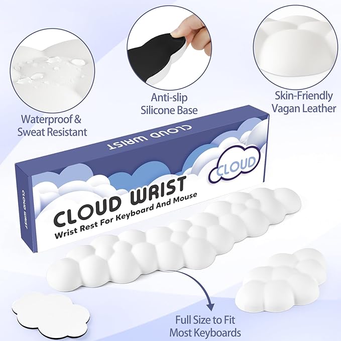 Cloud Wrist Rest for Keyboard and Mouse, Memory Foam PU Leather Keyboard Wrist Rest with Ergonomic Support, Non-Slip Base, Cute Arm Rest Pad & Palm Cushion, Office Desk Accessory, White