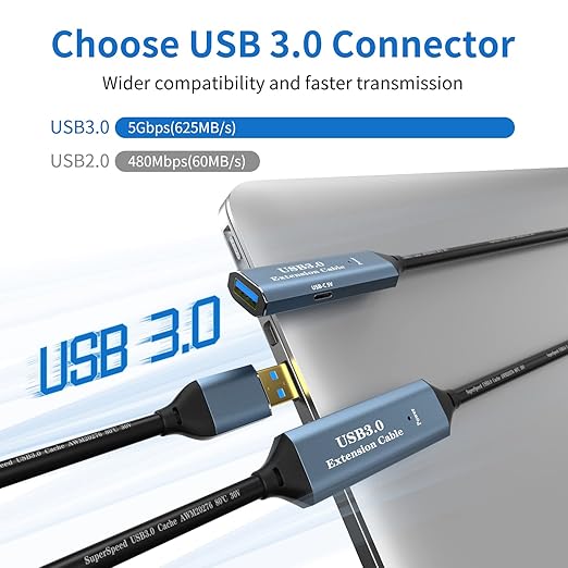 USB 3.0 Extension Cable 16.4FT Type A Male to Female Active Extender Cord with 1 Extension Chipsets Signal Booster and 1 USB-C Charging Port, for Webcam, PlayStation, Printer, Camera