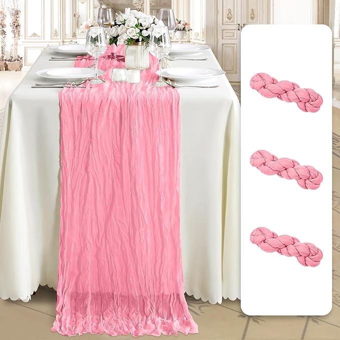 Cheesecloth Table Runner 3 Pack – 35x120 Inch (10ft) Boho Rustic Gauze Cloth Runners – Crinkle Polyester Table Decor for Wedding, Baby Shower, Bridal Shower, Birthday Party and More (Pink)