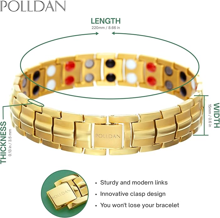 POLLDAN® 3X Power Magnetic Bracelets For Men | 6200 Gauss Strength Mens Titanium Bracelet with Fold-Over Clasp, Adjustable Length, Gift Box, Sizing Tool | Innovative Magnets Alloy - Patent