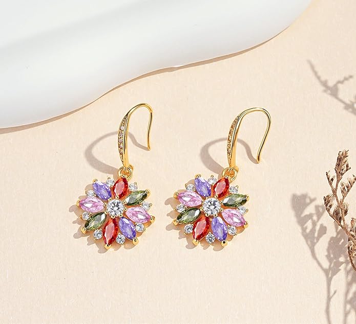 VONSSY Colorful Snowflake Pendant Necklace Earrings Rose Gold 5A Cubic Zirconia | Crystal Sweater Chain | Multi Gemstone Garnet Amethyst Morganite Peridot Prom Rhinestone Necklaces for Women Vintage Stylish Gift