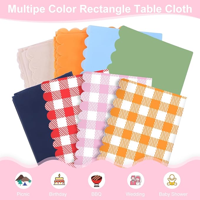 3 Pack Pink Gingham Tablecloths, 54 X 108Inch Disposable Party Table Covers Scalloped Pink Checkered Table Cloth Waterproof Pink White Tablecloth for Picnic Birthday Barbecue Tea Party Wedding