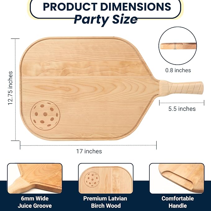 Pickleball Charcuterie & Cutting Board, Pickleball Gift, Party Size - 22.5 x 5.5 x 0.75”, Birch Wood, Paddle Shape with Handle, Mineral Oil Finish