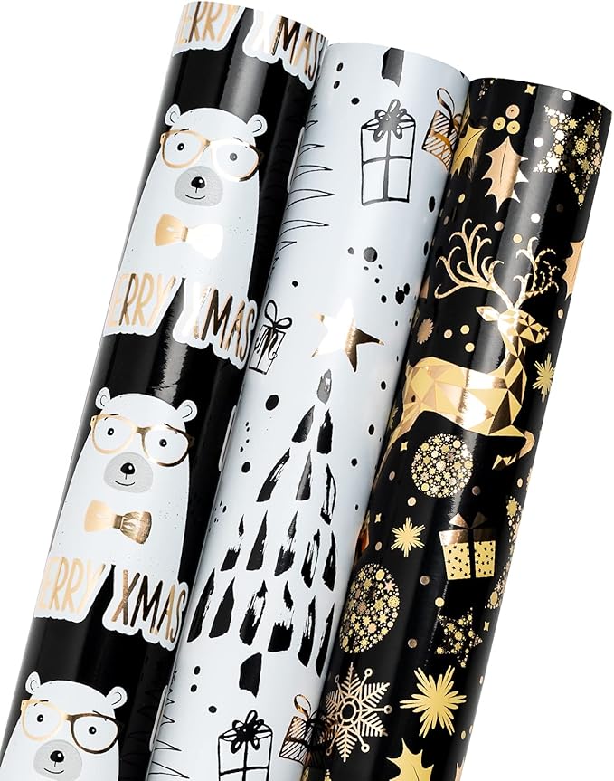 MAYPLUSS Christmas Wrapping Paper Roll - Mini Roll - 17 inch X 120 inch Per roll - 3 Different Black Gold Bear Design (42.3 sq.ft.ttl)