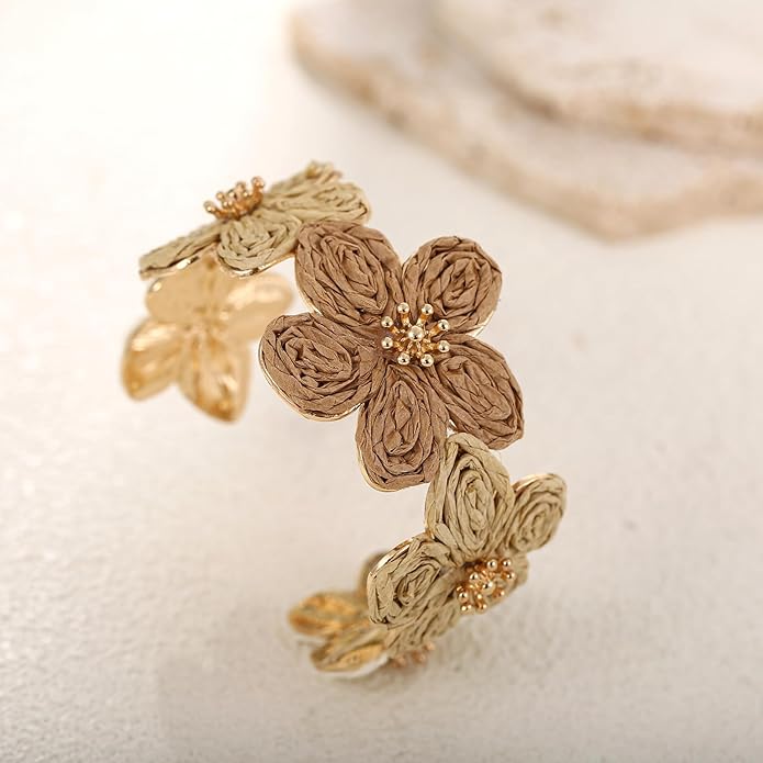 Raffia Flower Cuff Bracelet for Women, Floral Chunky Bangle Wide Open Cuff Statement Bracelet