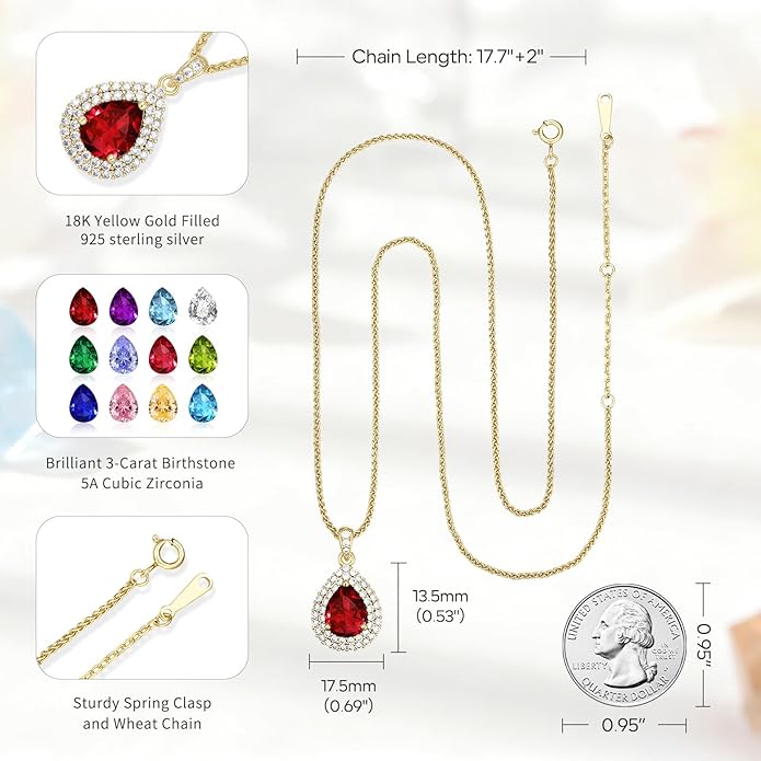 Valentine's Day Gift for Wife/Her-18K Gold Plated Teardrop Birthstone Necklace- with Light-Up Gift Box,Jewelry for Women,Anniversary Birthday Gifts for Women Her Wife Girlfriend Mom,Womens Jewelry