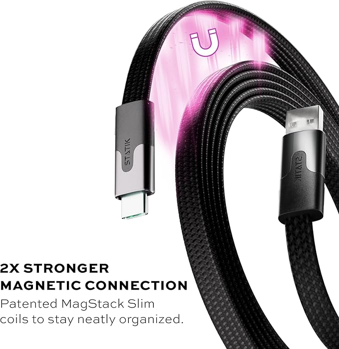 Statik MagStack USB to USB C Cable, Magnetic Anti Tangle Flat A to Type C Charger Fast Charging Cord, Magnetic Charging Cable, Compatible with iPhone 16 Pro Max, 15, Galaxy S24 Ultra, 27W 3FT/1M