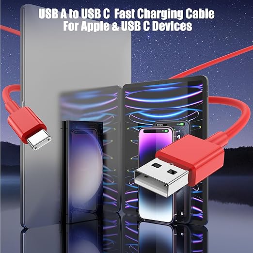 3-Pack Red [3.3FT+3.3FT+6FT] USB A to USB C Cable，USB to USB C Car Carplay Cable for iPhone 16 15 Pro Plus Pro Max，for iPad Pro/Air/Mini，for Samsung S24/S23/S22/S21，for MacBook Pro/Air and More