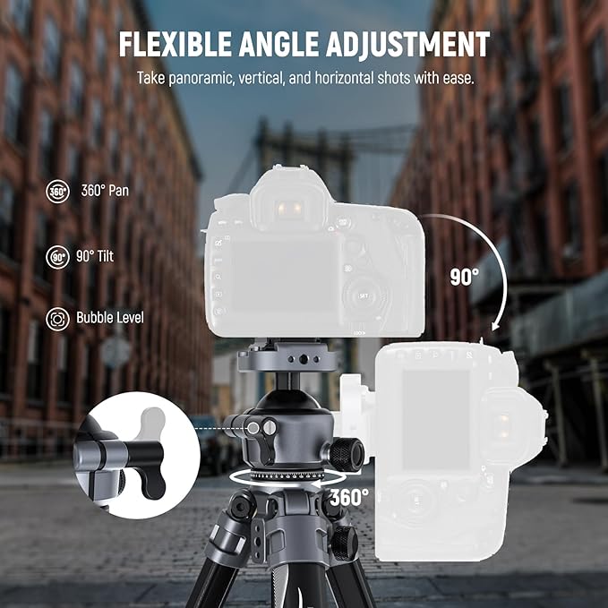 NEEWER LITETRIP LT07 61" Aluminum Travel Tripod Stand for Camera with Pan Tilt Low Profile Ball Head, Arca QR Plate Compatible with Peak Design Tripod Plate V3, Dual Center Axis, Max Load 22lb