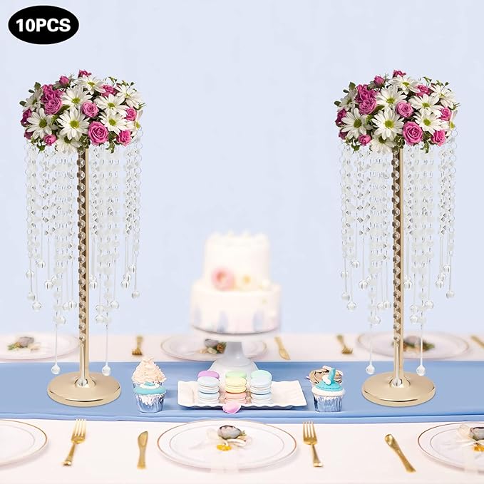 Wedding Centerpieces Gold Vases,10PCS Metal Flower Candle Holder with Sparkling Crystal Beads,Crystal Flower Vase Metal Flowers Stand for Party Tables Decorations (10pcs Gold-2)