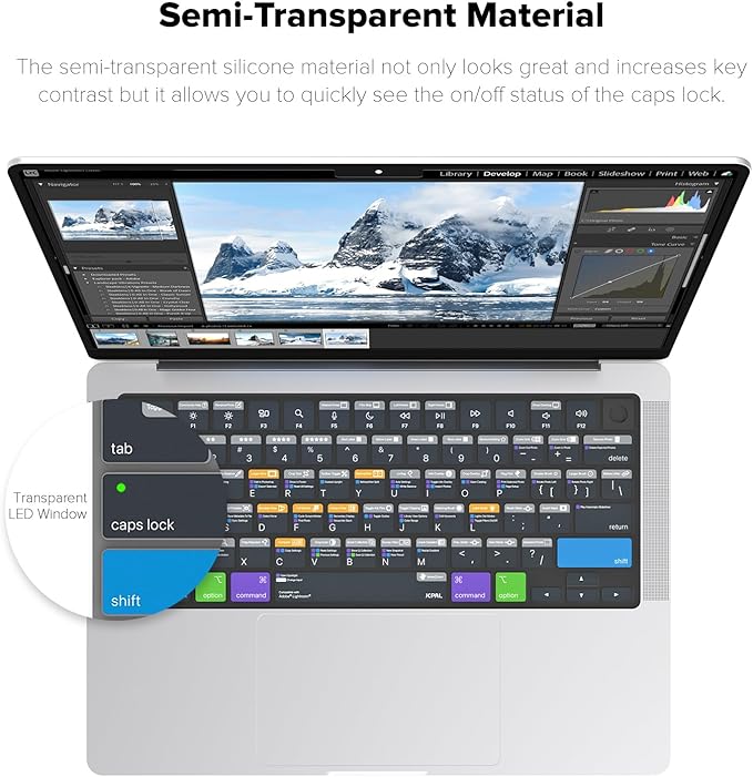 JCPal Adobe Lightroom Shortcut Guide Keyboard Cover for Apple MacBook Pro 14 inch and MacBook Pro 16 inch (M1-M4 Models) and MacBook Air 13 inch and MacBook Air 15 inch (M2-M4 Models) (US-Layout)