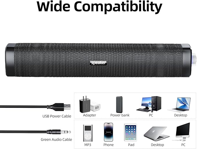 USB Computer Speakers,Computer Speakers with 3.5 mm aux,Wired USB Powered & Colorful LED Lights with Switch Button,Surround Sound Portable SoundBar for Monitor Laptop Phone(Black)