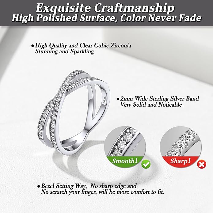 Bestyle 925 Sterling Silver Simulated Diamond CZ Criss Cross Ring for Women, Infinity Love Statement Rings CZ Eternity Engagement Wedding Band Ring for Her