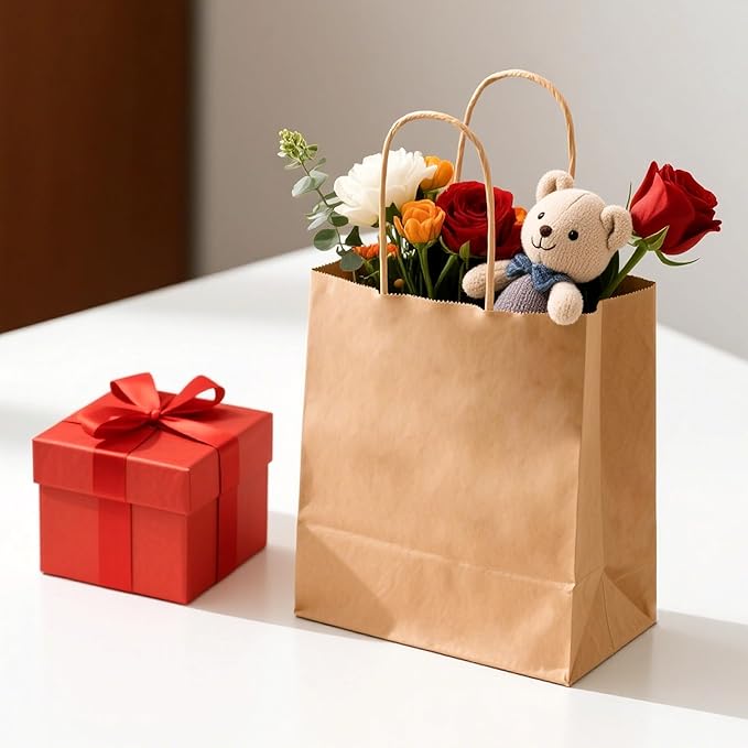 METAPRINT Brown Paper Gift Bags with Handles in Bulk, 50pcs Kraft Paper Bags 8x4.5x10.8 inch, Recyclable Shopping Bags for Retail, Grocery, Party Favors, Wedding