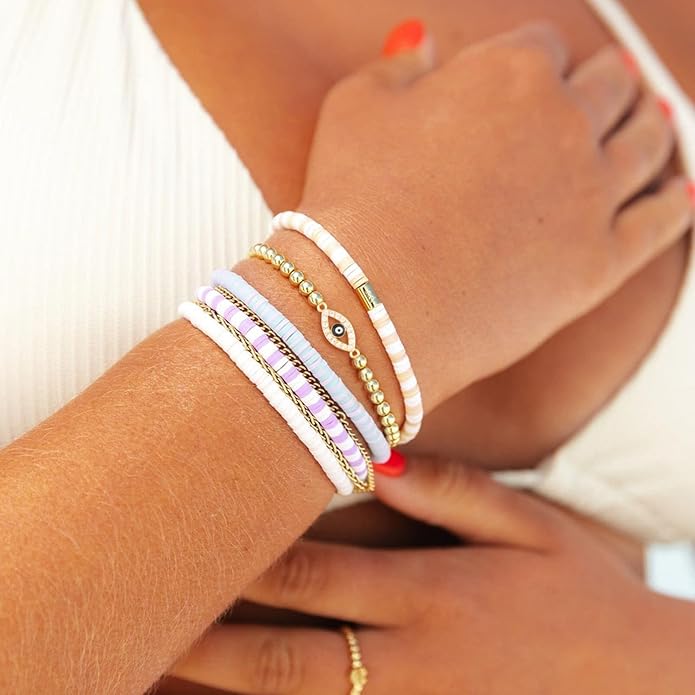 Gold Bracelets for Women 14K Gold Plated Bead Bracelet Hypoallergenic Stretch Bracelets for Women Elastic Bracelet Trendy Teen Gift Dainty Jewelry for Women