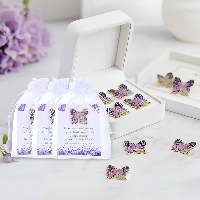 Funeral Favors for Guest Celebration of Life Favors Butterfly Pins Brooches Organza Bags Thank You Cards for Memorial Party Supplies Guest Family Friends Return Favors Funeral Gifts