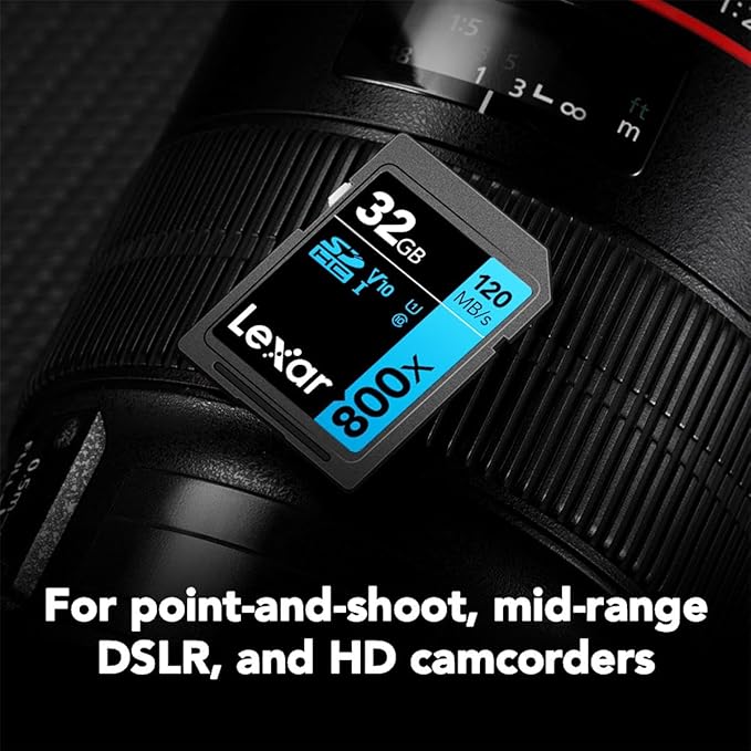 Lexar High-Performance 800x 32GB (2-Pack) SDHC UHS-I Memory Cards, C10, U1, V10, Full-HD & 4K Video, Up to 120MB/s Read, for Point-and-Shoot Cameras, Mid-Range DSLR, HD Camcorder (LSD0800032G-B2NNU)