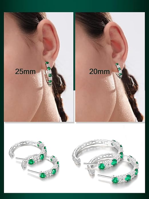 Women's Huggie Hoops with Birthstone 925 Sterling Silver Huggie Stud Hypoallergenic 14K Gold Plated Moissanite Earrings -Emerald Sapphire Ruby Hoop Earrings, Size 20 25mm